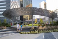 The Pacific Park Plaza Pavilion by HKS is part of a series of parks in Dallas “that will run through and connect several disparate neighborhoods,” according to the firm.