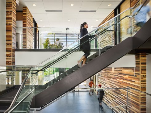The three story atrium allows views into the entire building