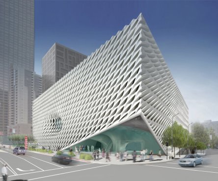 View of the east corner entrance, showing the perforated concrete cladding and the “pucker” along Grant Avenue that marks a conference room.