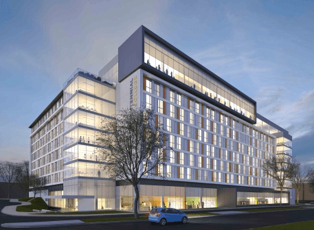 The south-facing facade features a panoramic banquet facility on the 8th floor for 425 people.