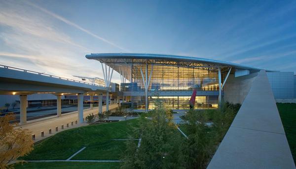 HOK worked to use as many recycled and locally sourced materials as possible in the construction of the building?s structure and envelope. For example, Indiana limestone, used for portions of the exterior envelope at the baggage claim level, was quarried just 40 miles south. The firm estimates that more than 90 percent of the site and building materials come from within 500 miles of Indianapolis.  Steelwork Alberici/Hillsdale Fabricators High roof trusses and tree columns alberici.com  Masonry Majestic Block and Brick Limestone masonry majesticblockandbrick.com  Curtain wall ASI Limited Unitized glazed curtain wall sections asilimited.com
