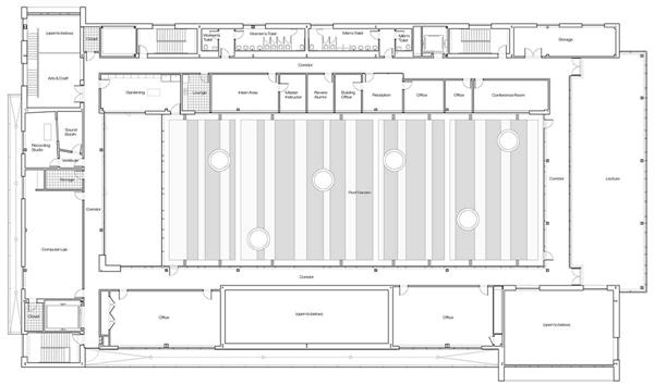Six circles that dot the third-floor plan are skylights, which bring natural light to the gym area below.