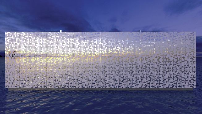 The glass façade’s patterning relies on natural light during the day to provide a play of light and shadow.