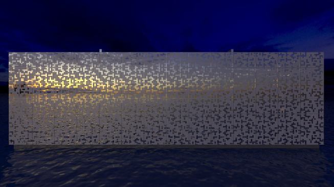 At night, the façade would play a programmed light show inspired by the movement of schools of swimming fish.