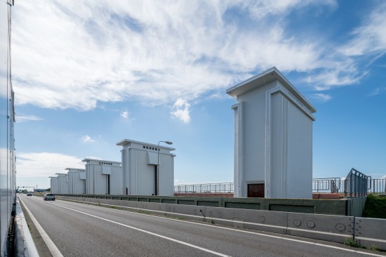 Daytime view of the floodgates on the Afsluitdijk in the Netherlands.