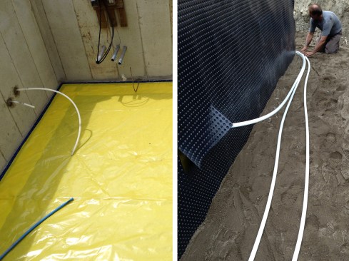 Figure 4. The Stego Wrap sub-slab membrane was taped around the perimeter to the strip run under the foundation wall (above left). All piping/conduit penetrations were sealed with hydraulic cement, then gasketed with Tescon Vana tape on both sides of the foundation. A 300-foot-long geothermal loop was installed around the perimeter of the house (above right). This loop will later be attached to a Zehnder ComfoFond geothermal heat exchanger, which will heat, cool, and maintain indoor-air quality and moisture control (a critical component to this air-tight home)