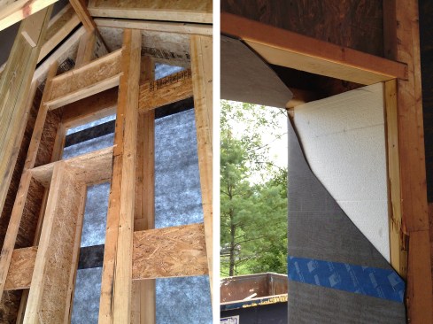 Figure 13. For shear resistance, we installed ¾-inch OSB gussets on the inside flange of the wood I-joists (above left). We offset their spacing, placing them at the same height in alternating stud bays. At window and door openings, we packed out the web of the I-joist with rigid polyiso and turned Humida WRB turned into the rough opening (above right).