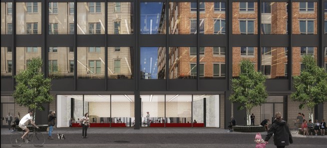Rendering of north side of building along G Place, with a view into the proposed ground-floor performance space. Part of the HPRB presentation.