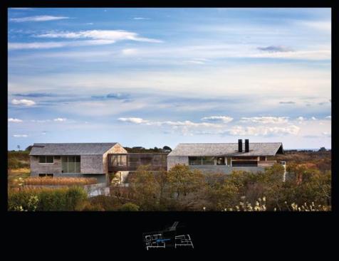 The cedar shingled house has two volumes one for sleeping, one for living connected by a latticed glass bridge.