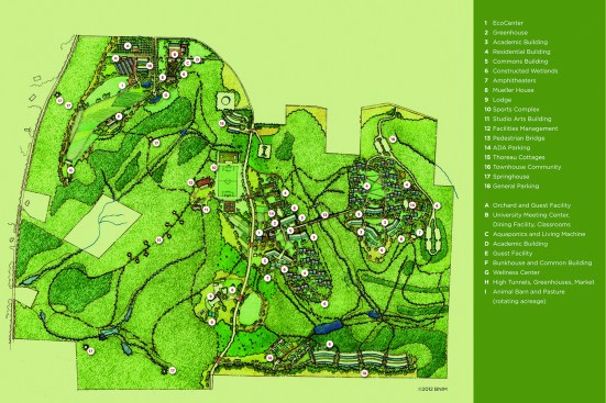 The Falk campus master plan includes: 1. Eco Center; 2. Greenhouse; 3. Academic Building; 4. Residential Building; 5. Commons; 6. Constructed Wetland 7. Amphitheaters; 8. Mueller House; 9. Lodge; 10. Sports Complex; 11. Studio Arts Building; 12. Facilities Management; 13. Pedestrian Bridge; 14. ADA Parking; 15. Thoreau Cottages; 16. Townhouse Community; 17. Springhouse; 18. General Parking. | A. Orchard and Green Facility; B. University Meeting Center, Dining Facility, and Classrooms; C. Aquaponics and Living Machine; D. Academic Building; E. Guest Facility; F. Bunkhouse and Common Building; G. Wellness Center; H. High Tunnels, Greenhouses, and Market; I. Animal Barn and Pasture (rotating acreage).