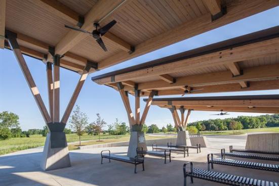 Three+smaller+roof+sections+make+up+the+overall+roof+for+the+Committal+Shelter%2c+each+consisting+of+tongue-and-groove+decking+covered+by+standing+seam+metal+roofing.