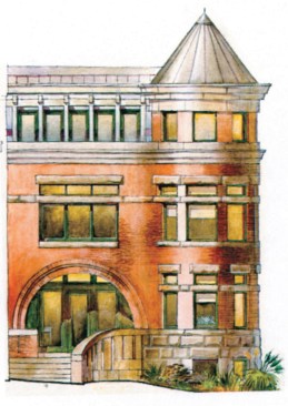The five distinct architectural styles of houses in Phillips Row are grouped in clusters around a city block. Homes with turrets and porches anchor corners of the development.
