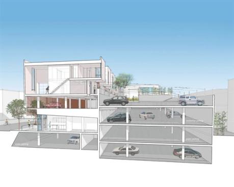 The top level of residential parking contains a landscaped plaza that also holds a raised swimming pool area. Other public and residential parking is located underground, as well as over and behind the housing units. 