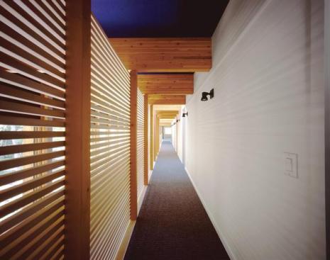 Exposed columns and laminated beams set a visual rhythm. 