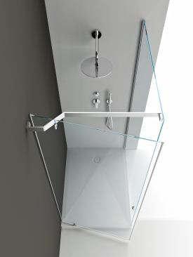The Tape shower booth features a sheet-glass door set on a pivot-hinge supported by a steel frame. The door is made of tempered, extra-light glass and can be used with a range of shower-tray sizes.