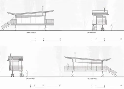 These elevation drawings illustrate each Rolling Hut from different angles.
