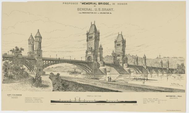 Proposed Memorial Bridge by Smithmeyer and Pelz, 1887 
Library of Congress, Prints & Photographs Division, LC-DIG-ppmsca-31532  Plans to build a bridge across the Potomac River date to before the Civil War. They came close to realization in the 1880s, when, working with the Army Corps of Engineers, Captain Thomas W. Symons collaborated with Smithmeyer and Pelz Architects to design a bridge honoring former president Ulysses S. Grant. One of their two plans for the memorial bridge was a neo-Romanesque pair of towers with smaller, round turrets interspersed between them. The medieval design, which conjured London’s Tower Bridge, clashed strongly with Washington’s predominantly neoclassical and Renaissance-inspired architecture.