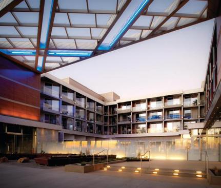 The Shore Hotel on the waterfront Ocean Avenue in Santa Monica, Calif., has balconies on every room that are oriented to maximize daylight, natural ventilation, and views.