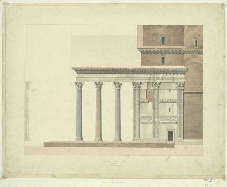 Henri Labrouste, Le Panth&eacute;on &agrave; Rome, &eacute;l&eacute;vation lat&eacute;rale du portique et profil d’un pilastre, 1825-1830. Rome.