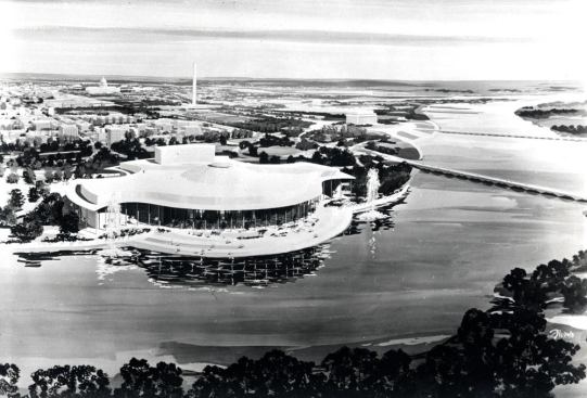 Preliminary proposal for the National Cultural Center by Edward Durell Stone, 1961 
Edward Durell Stone Collection (MC 340), Box 104. Special Collections, University of Arkansas Libraries, Fayetteville. When President Eisenhower signed a bill establishing the National Culture Center for the performing arts in 1958, Senator William Fulbright recommended fellow Arkansan Edward Durell Stone as architect for the project. His initial curvilinear scheme—featuring three large performance halls arranged around a domed rotunda, with a stepped terrace extending into the Potomac—won him the commission, but was ultimately rejected by the project’s board of trustees as too expensive. Stone’s final, rectilinear scheme incorporated elements of the original design, such as the series of spindly columns, yet Martin Moellner writes that “the sculptural qualities of the original version would have yielded a far less formal, more dynamic work of architecture.”