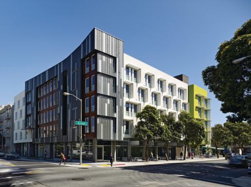 Named for local activists Julian and Raye Richardson, the Richardson Apartments sits on land left vacant after the removal of a freeway spur. To break up the building massing, the architects employed several surfaces and materials on the façade.