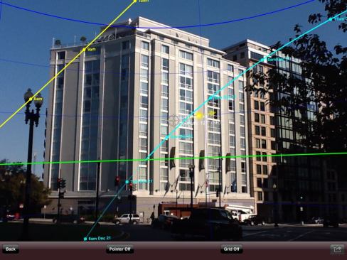 View of the Donovan House from 1 Thomas Circle NW, Washington, with solar path overlays: current day (yellow) and winter solstice (cyan).