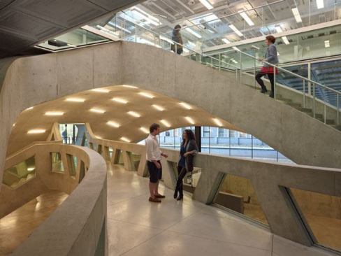 The “bump” is cut at the stairs revealing each of the three different ceiling conditions in the building.