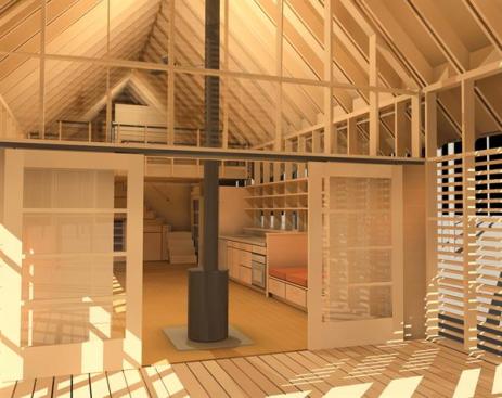 The ribbing of wood slats along the homes gables and lake side provides shade and casts interesting interior shadows.
