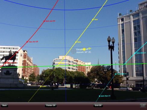 View of Thomas Circle from ARCHITECT offices with solar path overlays: summer solstice (red), current day (yellow), and winter solstice (cyan).