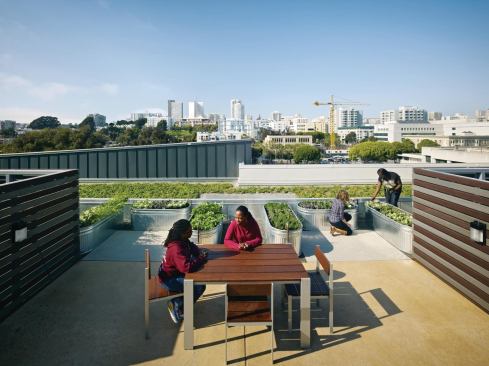 The building is topped with a partial green roof, planters for resident gardens, a photovoltaic array, and solar hot-water heaters.