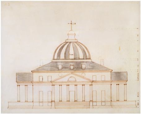 Competition entry for the President’s House by “A.Z.” (attributed to Thomas Jefferson), 1792
Courtesy of the Maryland Historical Society, 1976.88.6  When Pierre L’Enfant was dismissed before he could produce a design for the President’s House, city commissioners conducted a design competition. At least nine designs were submitted, including this one by “A.Z.” The influence of Andrea Palladio’s Villa Rotonda (1571) suggests the pseudonym was Thomas Jefferson’s.