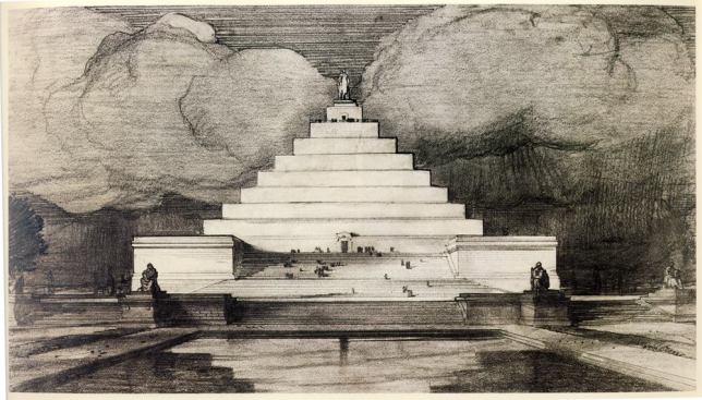 Proposal for the Lincoln Memorial by John Russell Pope, 1912 
National Archives, Washington, D.C.  As part of its plan for the Monumental Core of the National Mall, the MacMillan Commission of 1901-02 envisioned the mall extending west of the Washington Monument and culminating in a grand memorial to Abraham Lincoln. When a bill to establish the monument finally passed Congress, Speaker of the House Joseph Cannon rejected its location on the west end of the mall. At his request, the Lincoln Memorial Commission asked John Russell Pope to prepare designs for two locations: the Soldiers’ Home (now the Armed Forces Retirement Home) and Meridian Hill. In 1912, the commission ultimately decided to support the mall site and asked Pope to draft a design. His plan for a quirky ziggurat topped by a standing statue of Lincoln was ultimately rejected in favor of designs by his rival, Henry Bacon.