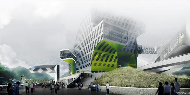 View of the Entrance to public plaza & office complex.