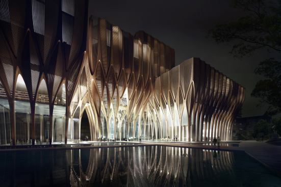 The interweaving structures of the Sleuk Rith Institute recall Cambodia's Angkorian architectural forms.