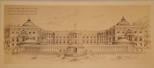 Proposed extensions to the White House by Frederick W. Owen, ca. 1890 
Library of Congress, Prints & Photographs Division, LC-USZC4-7736  When President Benjamin Harrison moved his family into the White House in 1889, his wife, Caroline, insisted they needed more space, and contracted engineer Frederick D. Owen to design a thorough expansion. The plan called for two wings, each nearly the size of the original house, placed perpendicularly to the main building. The executive residence would remain in the main building, offices would move to the west wing, and a public art gallery would occupy the east wing. Congressional funding for the project was blocked by Speaker of the House Thomas Brackett Reed, who clashed with President Harrison over patronage appointments and presidential pardons.