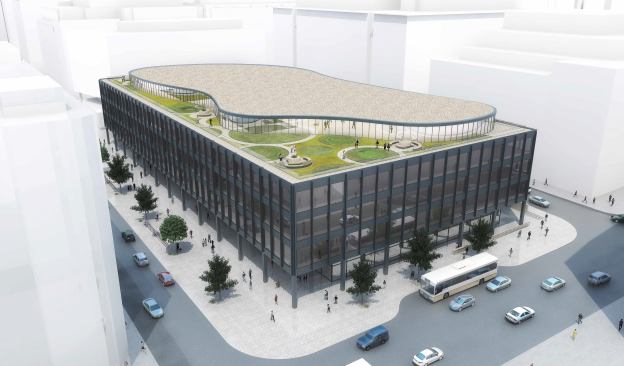 Rendering of curved fifth floor addition.