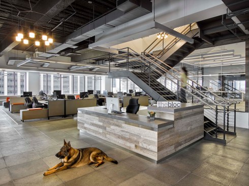 The reception desk was custom designed to reflect the edgy, creative side of The Bloc's brand.