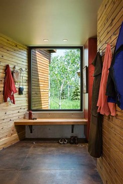 Interior, vertical, mud room, Landes-Oatey residence, Jackson, Wyoming; Ward + Blake Architects