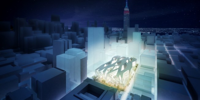 Aerial view, night.