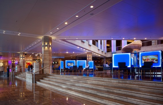 lobby with pods and restaurant