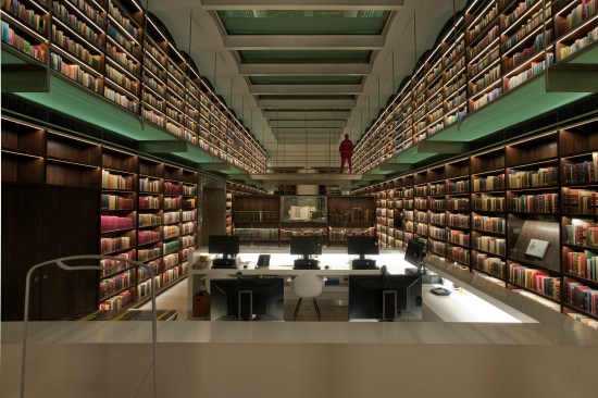 Looking back through the library.