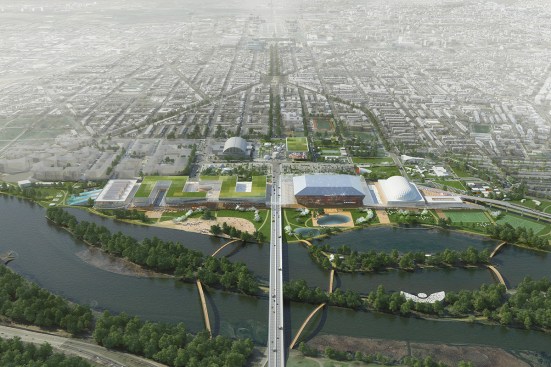 North-South Axis design concept: View from east with 20,000-seat arena