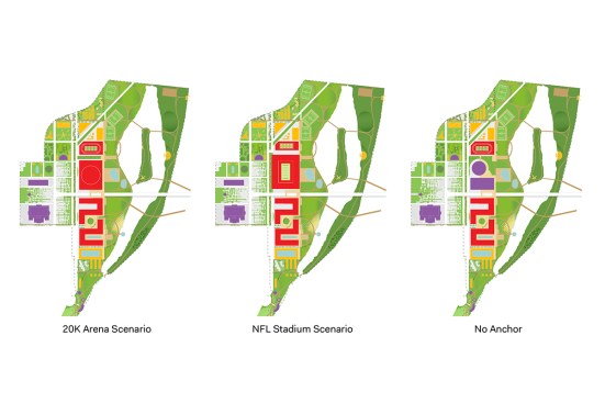 North-South Axis: Plans for site with either a 20,000-seat arena or a NFL stadium anchor tenant, or no anchor tenant