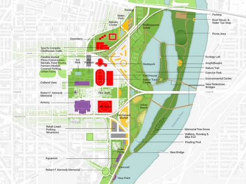 Stitch: Site plan with 20,000-seat arena