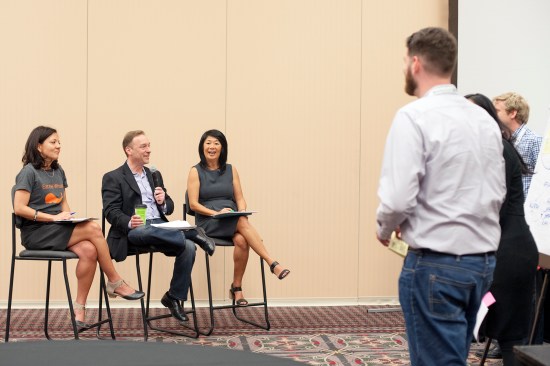 The jury (l to r: Asperin-Clyman, Gold, and Choun) reacts to the pitch by the ultimate winners of the EQxD Hackathon.