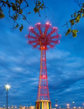 The 1939 Parachute Jump with lighting design by Leni Schwendinger.