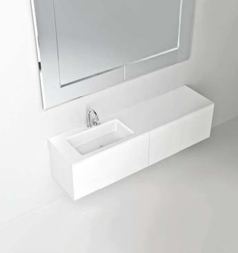 The modular units feature 5-millimeter-thick, pull-out frosted-glass doors. The doors are available in white, gray, and brown. The 10-millimeter-thick satin glass top features an integrated thermo-formed washbasin, also available in white, gray, and brown.
