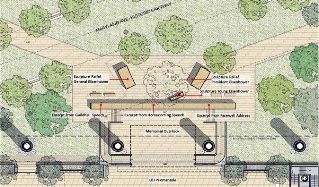 The site plan drawing shows that the memorial spans the blocks between 4th and 6th Streets SW near the intersection of Maryland and Independence Avenues SW, just off the National Mall.