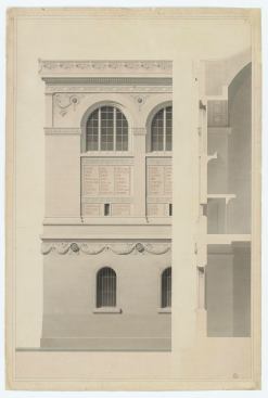 Henri Labrouste, Biblioth&egrave;que Sainte-Genevi&egrave;ve, 1838-1850, southwest corner: elevation and section, 1850.