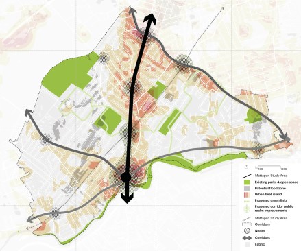 Planning diagram for Mattapan overlaying key neighborhood areas of focus along with environmental justice issues including heat island effect and open space.